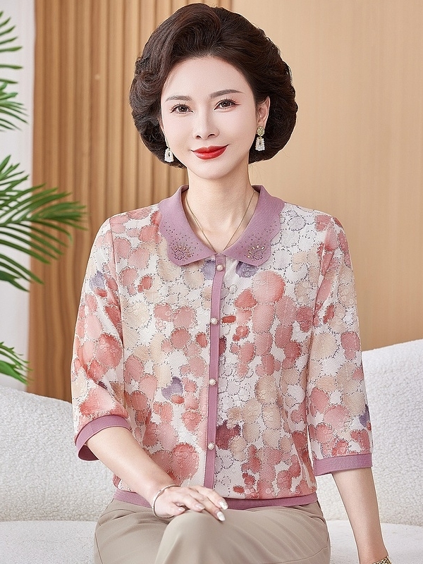 Women Fashion Over 50 - Maglietta in maglia elasticizzata stampata in